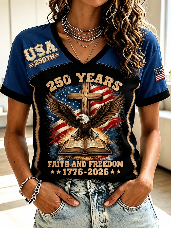 Women'S America Flag Floral Print Casual V-Neck T-Shirt