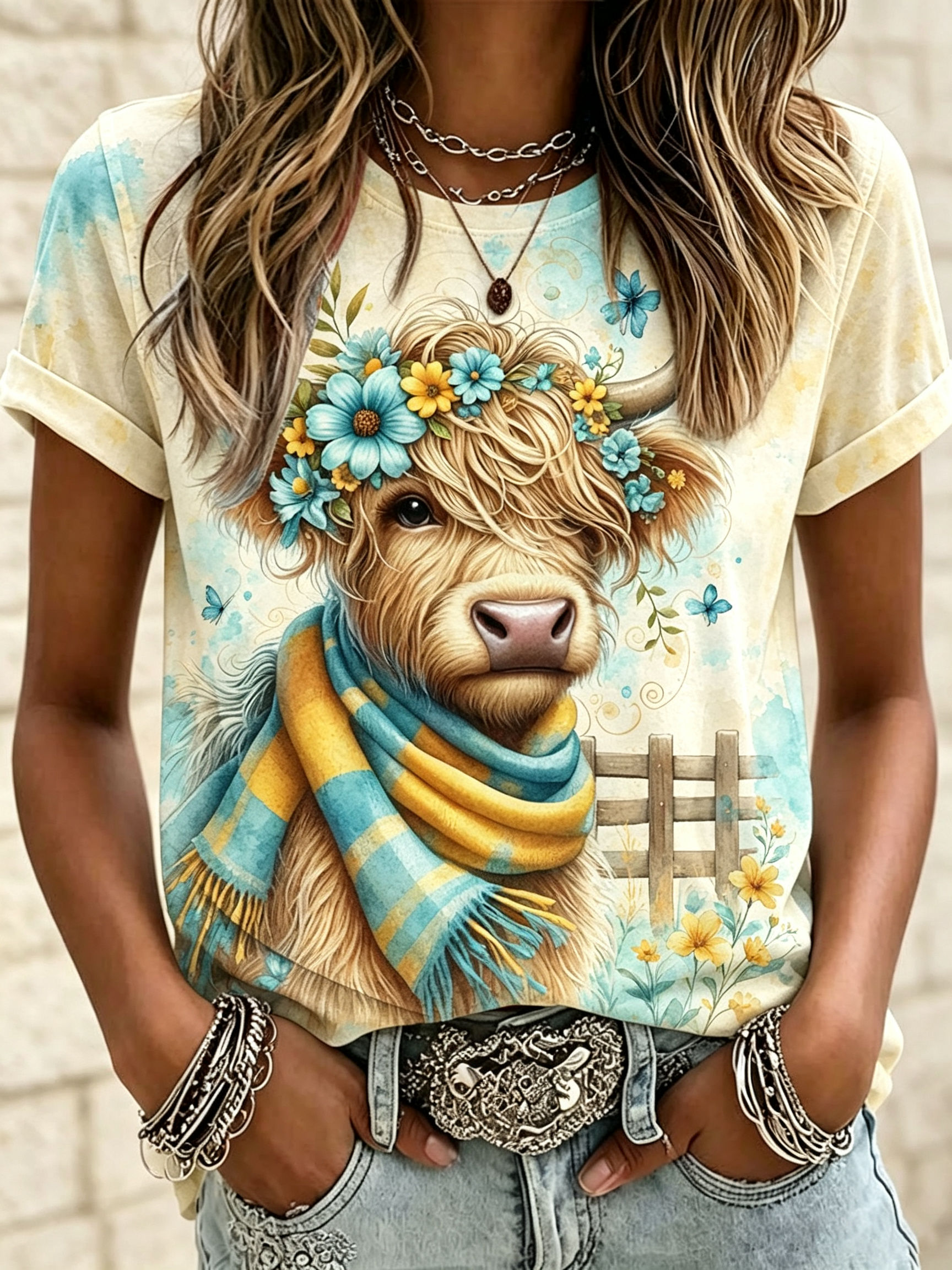 Western Style Ranch Cow Gradient Printed Round Neck T-Shirt