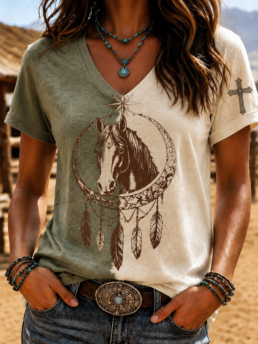 Women'S Retro Ethnic Art Printed Round Neck T-Shirt