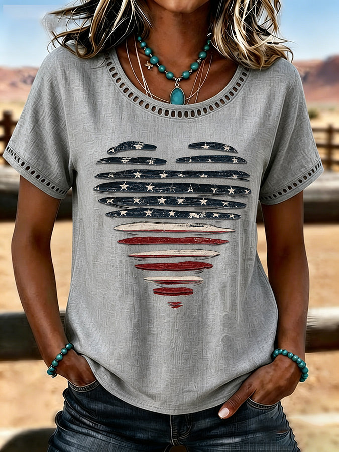 Women'S Casual Cotton And Linen Heart-Shaped Hollow T-Shirt
