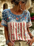 Women's Boho Printed American Flag Pattern Printed Linen Short sleeved T-shirt