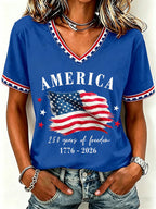 Women'S America Flag Floral Print Casual V-Neck T-Shirt
