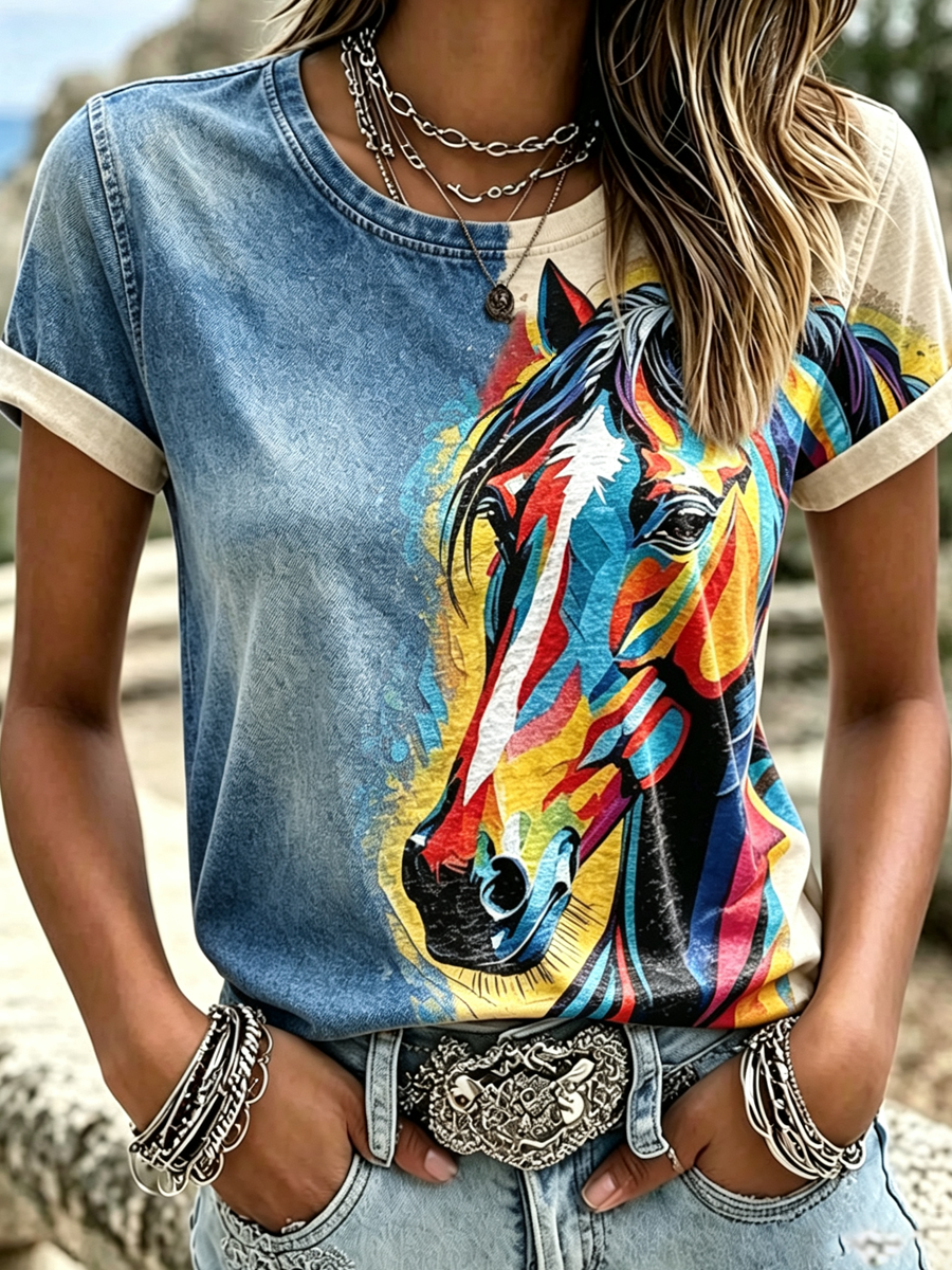 Women's'Retro Western Floral Horse Print Casual Round Neck Top