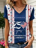 Celebrate America Independence Day Heart Flag Color Block V Neck Tee