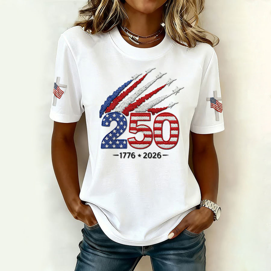 Women'S Retro American Independence Day 250Th Anniversary Printed Round Neck Short Sleeved T-Shirt