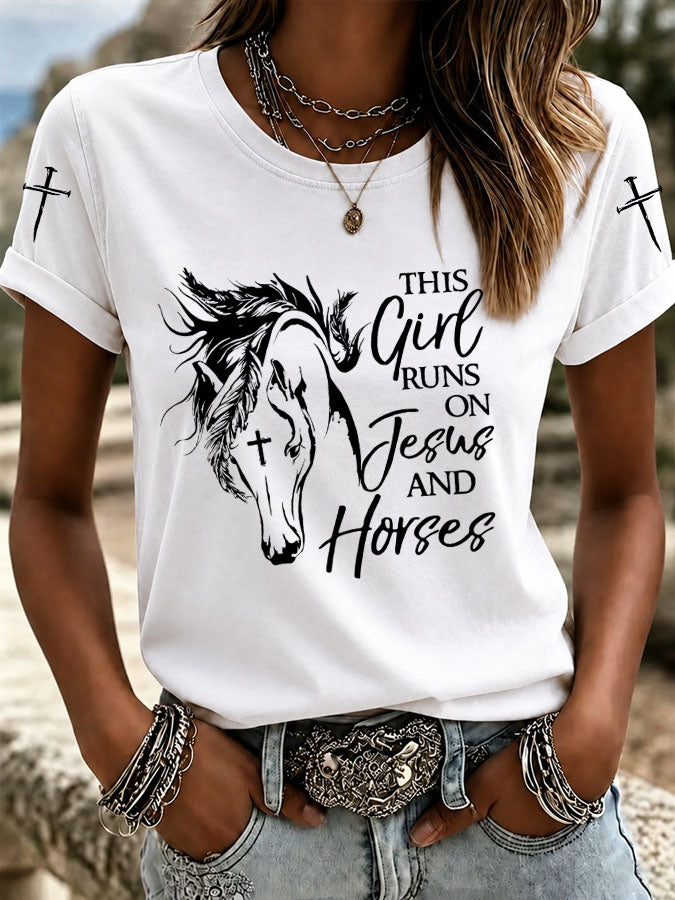 Women's This Girl Runs On Jesus And Horses Printed Casual T-Shirt