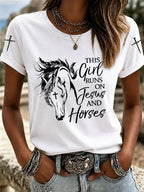 Women's This Girl Runs On Jesus And Horses Printed Casual T-Shirt