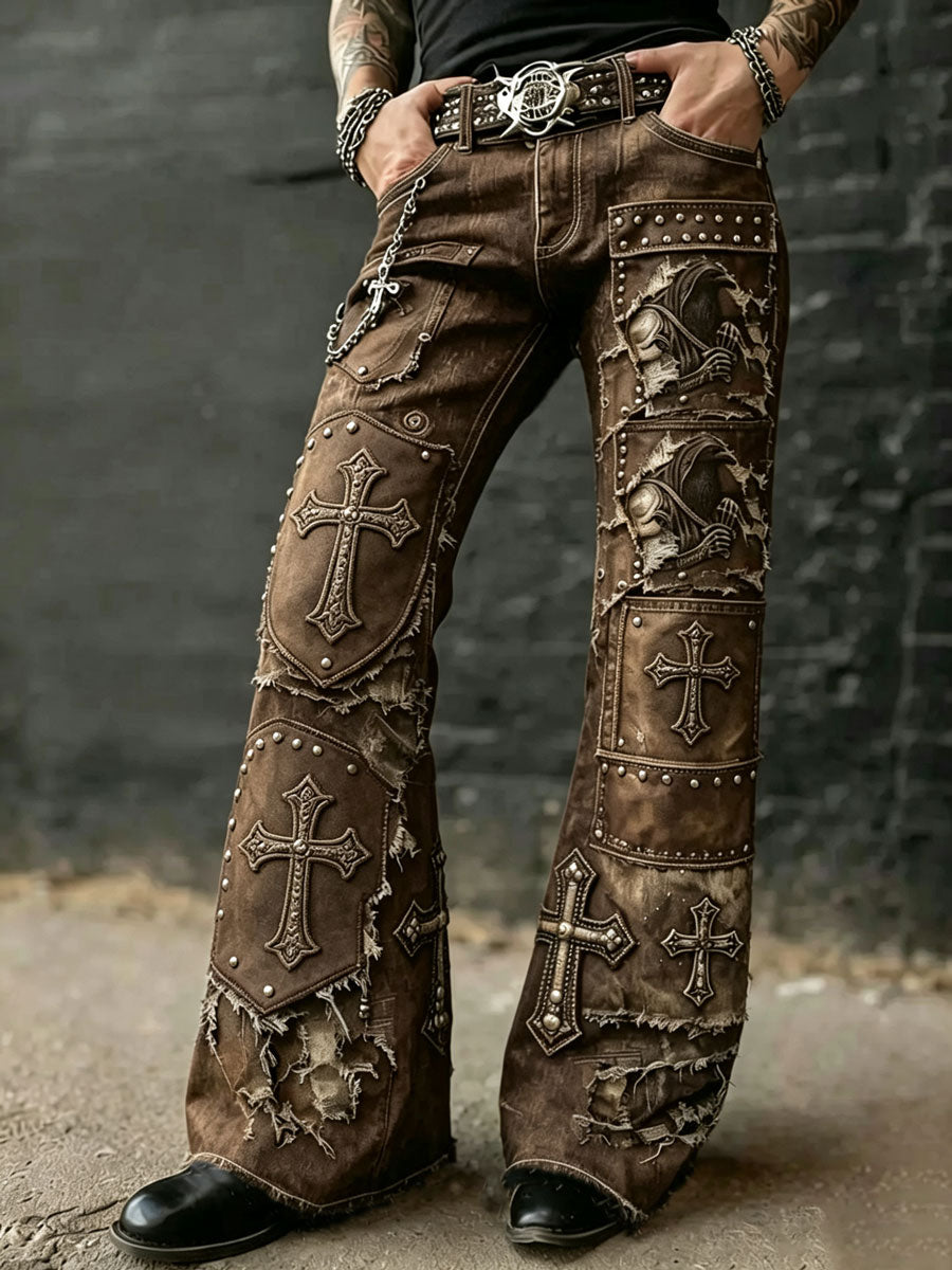 Men's Vintage Punk Rock Skull Cross Patchwork Print Comfortable Pants
