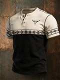 Men's Two Tone Longhorn Bull Aztec Print Short Sleeve Henley Tee
