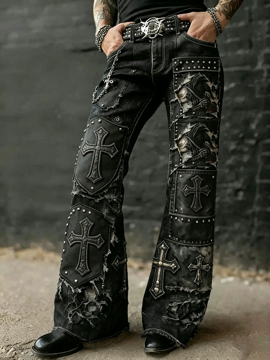Men's Vintage Punk Rock Skull Cross Patchwork Print Comfortable Pants