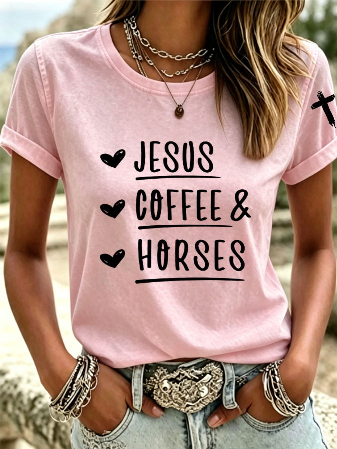 Women's Jesus Coffee Horses Printed Casual T-Shirt