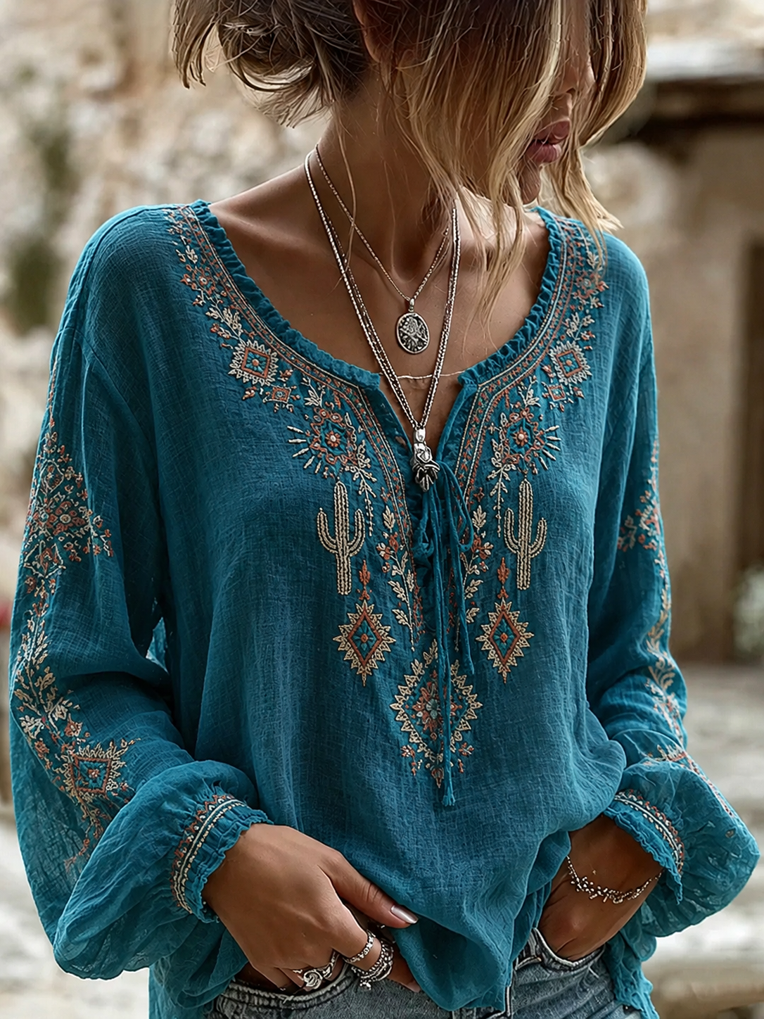 Women's Floral Embroidered Lace-Up Western Blouse
