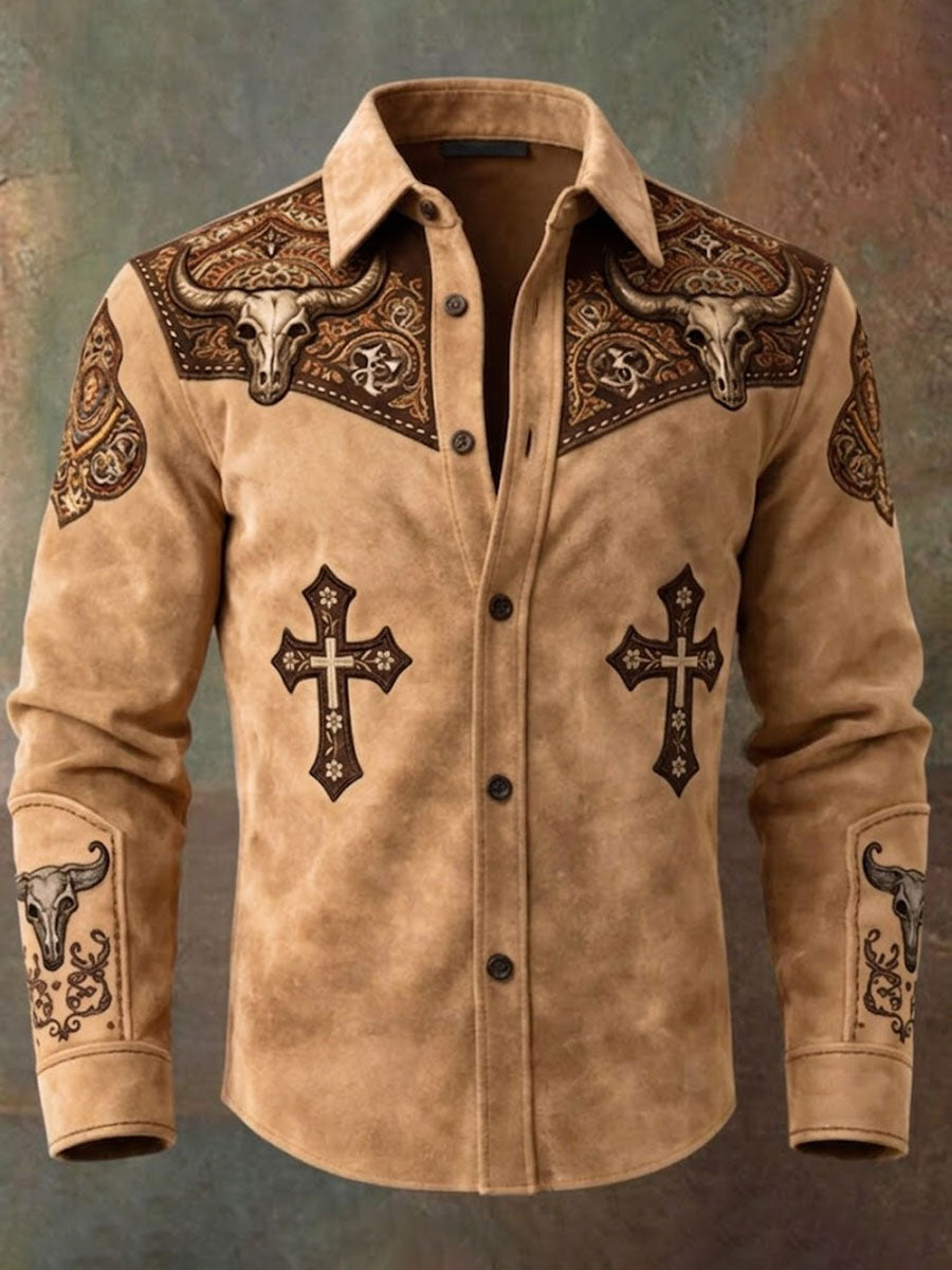 Men'S Western Style Ethnic Print Cross Pattern Long Sleeved Shirt