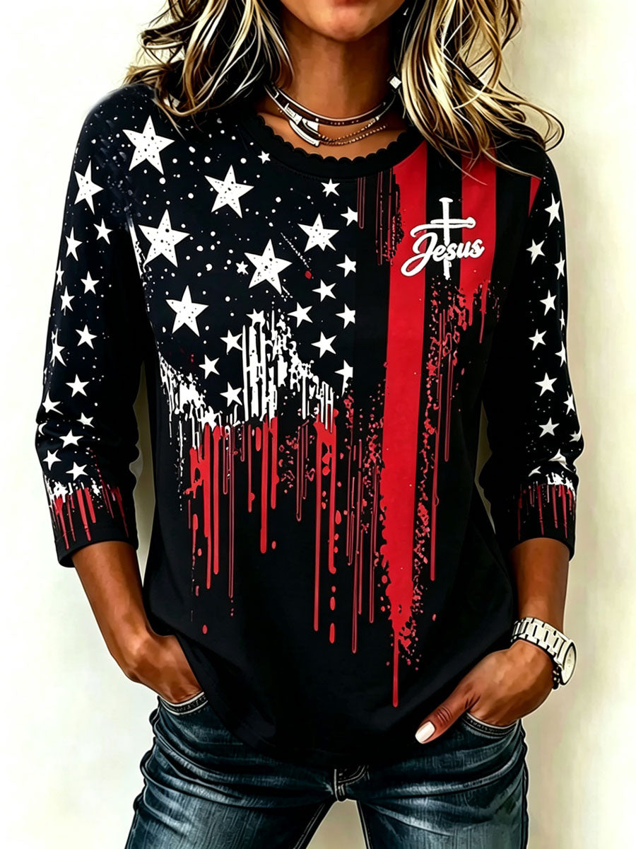 Women'S Cotton Linen Lace Collar 250Th Anniversary American Flag Faith Printed Shirt