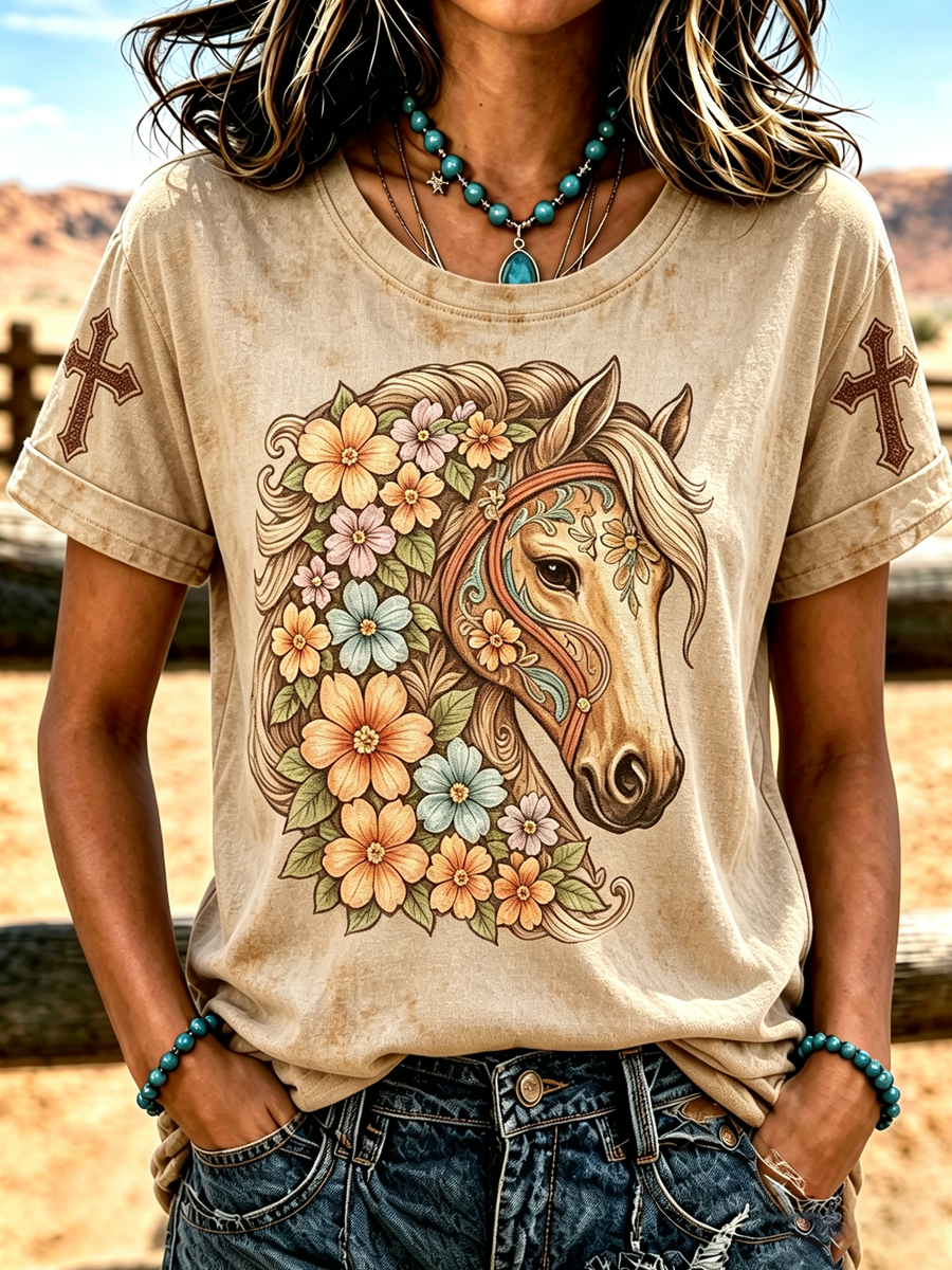 Women'S Retro Floral Horse Print Casual Round Neck Short Sleeved Shirt