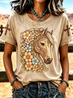 Women'S Retro Floral Horse Print Casual Round Neck Short Sleeved Shirt