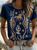 Women's Vintage Wash Cactus Horse Horseshoe Aztec Rope Graphic T-Shirt