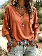 Women's casual V-neck faith solid color seven quarter sleeve T-shirt