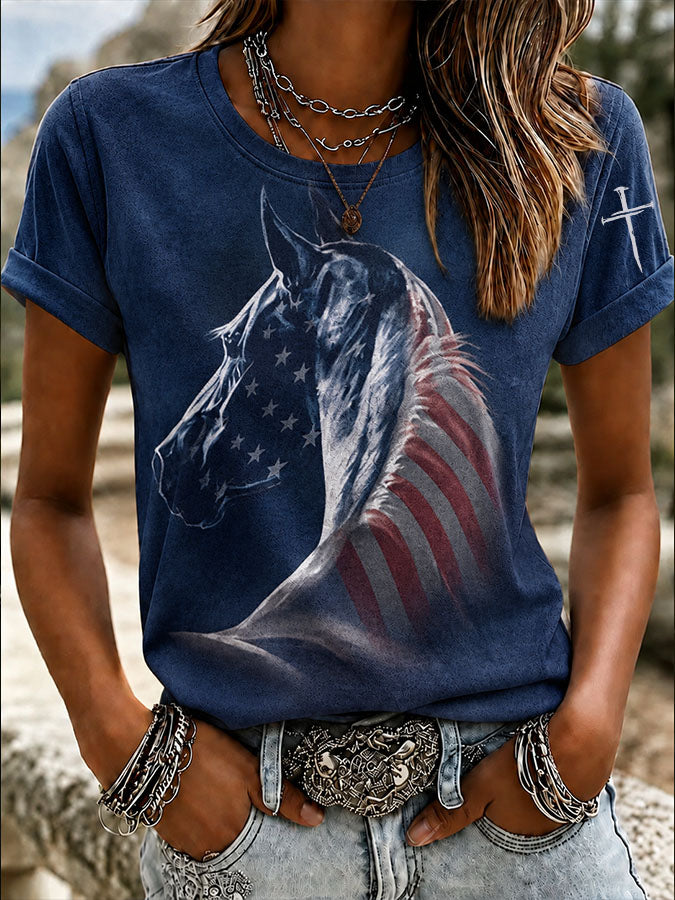 Women'S Western Horse Art Faith Art Printed Round Neck T-Shirt