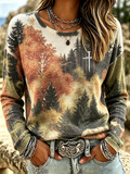 Ladies' Casual Ethnic Texture Faith Printed Arctic Velvet Round Neck Top