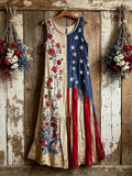Women'S Retro Floral American Flag Pattern Flowing Linen Camisole Skirt