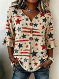 Women'S Independence Day 250Th Anniversary Commemorative Flag Flower Art Retro Printed Casual Top