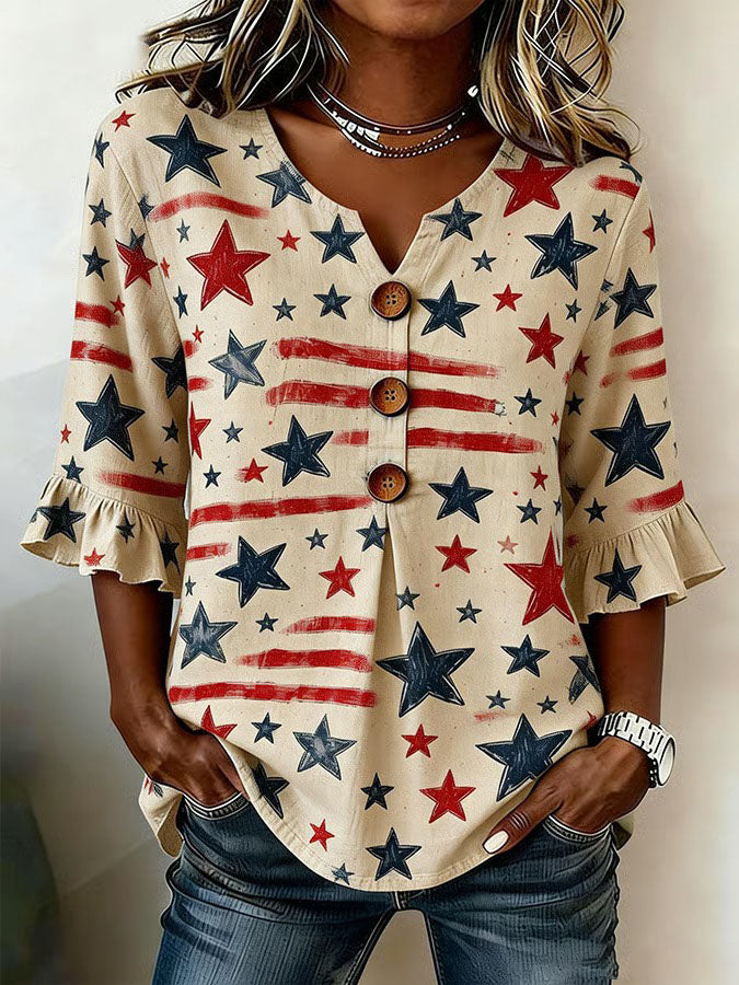 Women'S Independence Day 250Th Anniversary Commemorative Flag Flower Art Retro Printed Casual Top