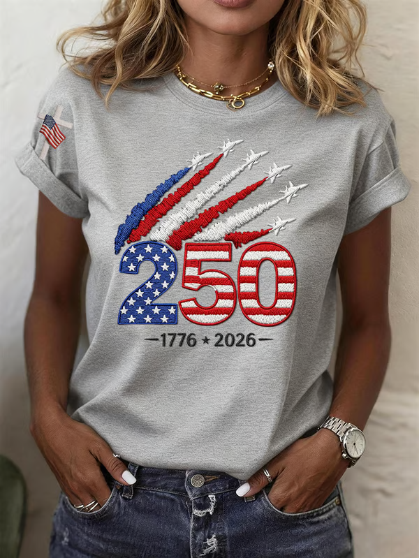 American Women's 250th Anniversary Embroidered Printed Round Neck Short Sleeve T-shirt