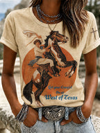 Retro Ethnic Floral Art Printed Round Neck Women's T-Shirt