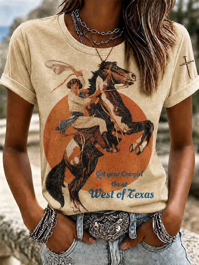 Retro Ethnic Floral Art Printed Round Neck Women's T-Shirt
