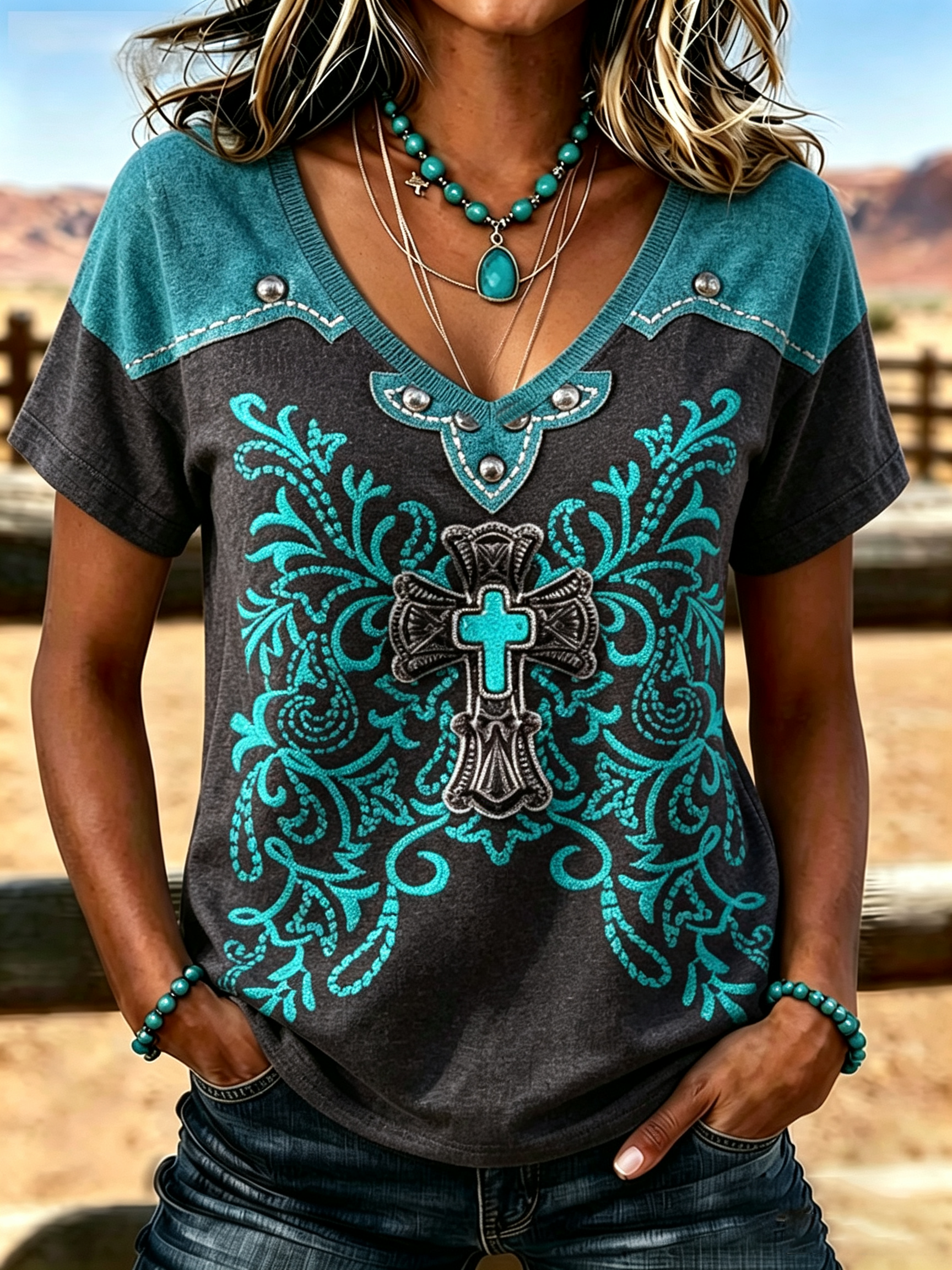 Western Style Ethnic Belief Cross Print V-Neck Top