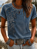 Women'S Western Cross Art Flower Faith Printed Round Neck T-Shirt