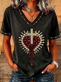 Women's Christian Cross Bead Embroidery Art T-Shirt
