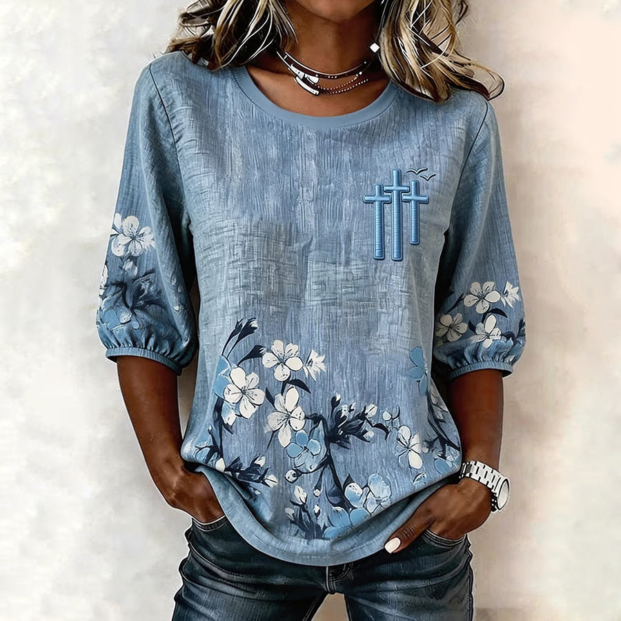 Women'S Casual Floral Printed Cotton And Linen Artistic Top