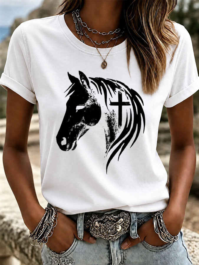 Women's Horse Head Cross Printed Casual T-Shirt