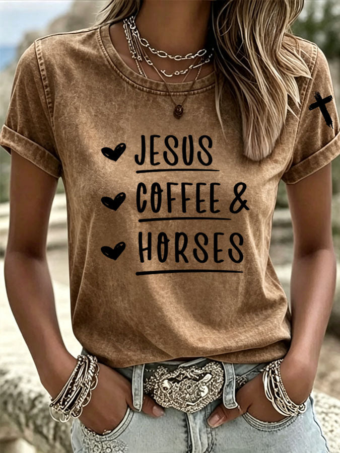 Women's Jesus Coffee Horses Printed Casual T-Shirt