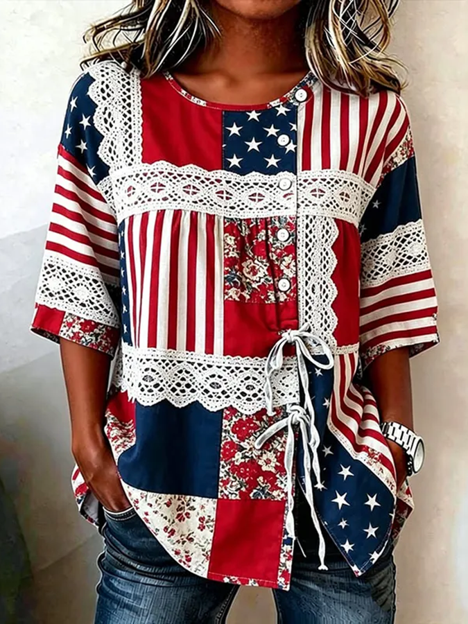Women'S Retro Independence Day Flag Flower Art Casual Short Sleeved Shirt