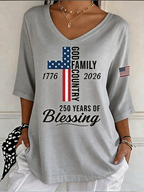 Women's God Family Country Flag Cross V Neck 3/4 Sleeve Casual Tee