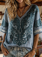 Women's Turquoise Paisley Embroidered Boho Western V-Neck Blouse