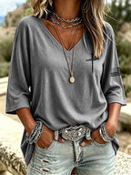 Women's casual V-neck faith solid color seven quarter sleeve T-shirt