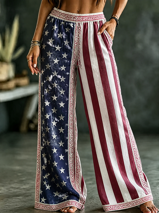 Ladies' Flag Floral Printed Casual Loose Pants