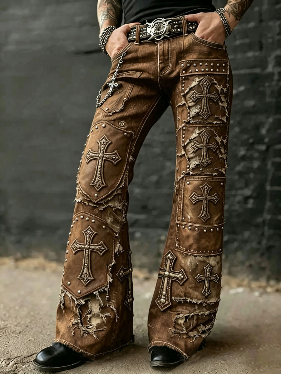 Men's Vintage Punk Rock Skull Cross Patchwork Print Comfortable Pants