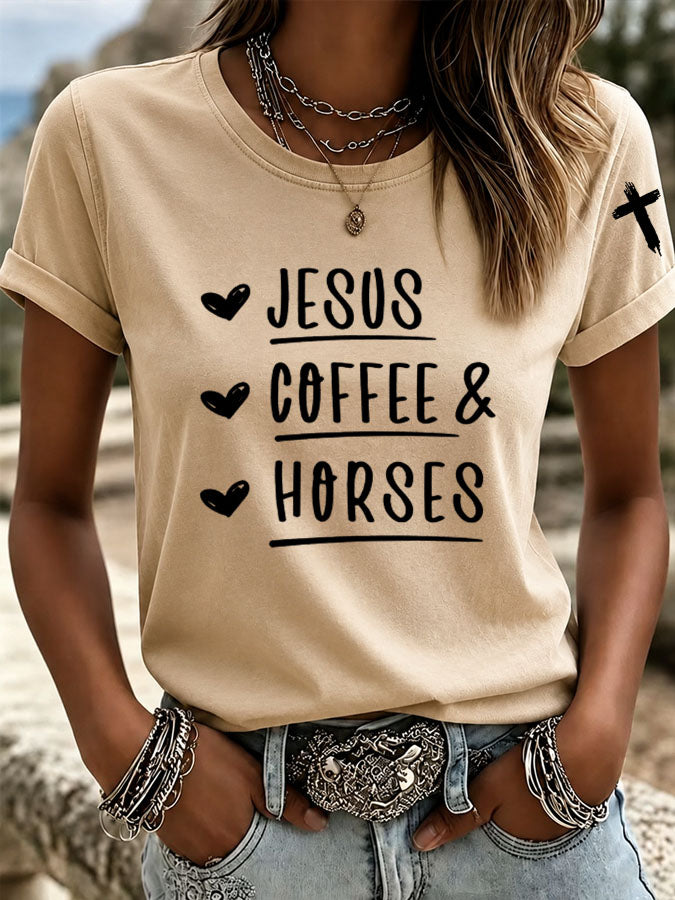 Women's Jesus Coffee Horses Printed Casual T-Shirt