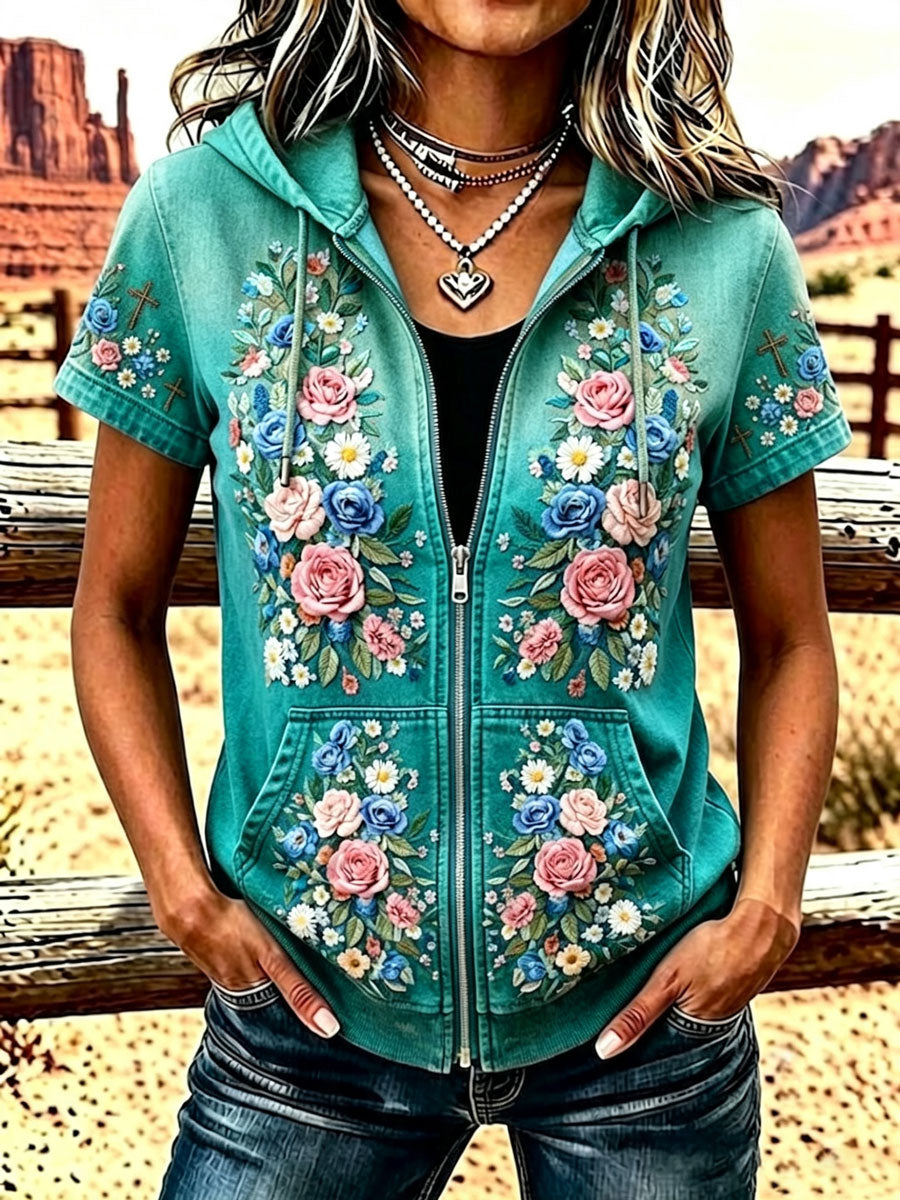 Ladies' Western Style Floral Zipper Hooded Top