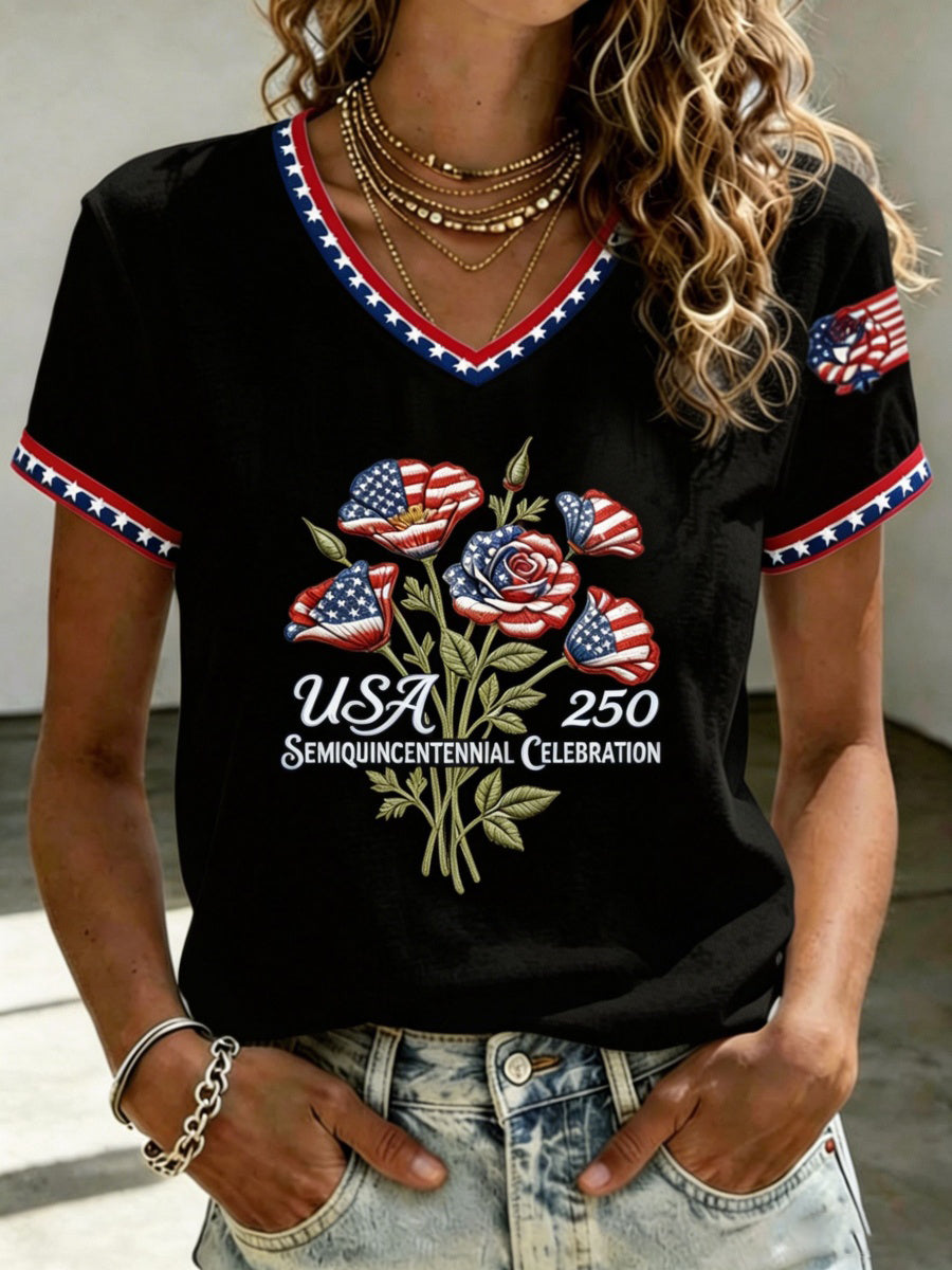 U.S. 250th Anniversary Rose Art Women's V-Neck T-Shirt