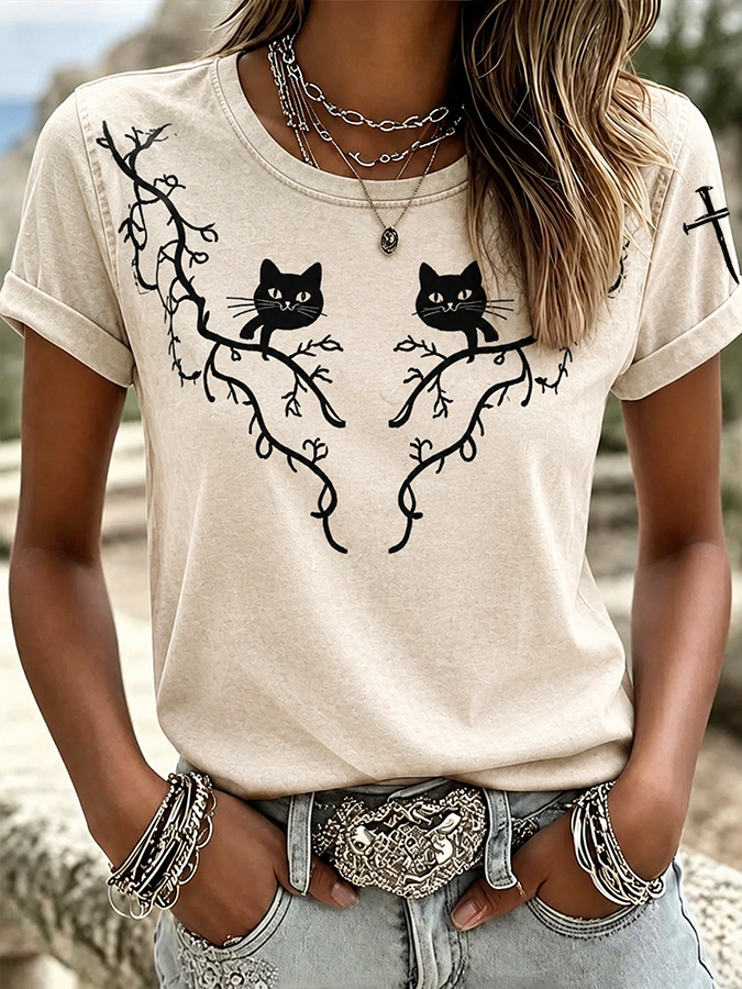 Western Retro Cat Faith Cross T-Shirt