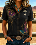 Women'S Retro Western Floral Cross Short Sleeved Shirt