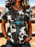 Women's Western Cross Print Casual T-Shirt