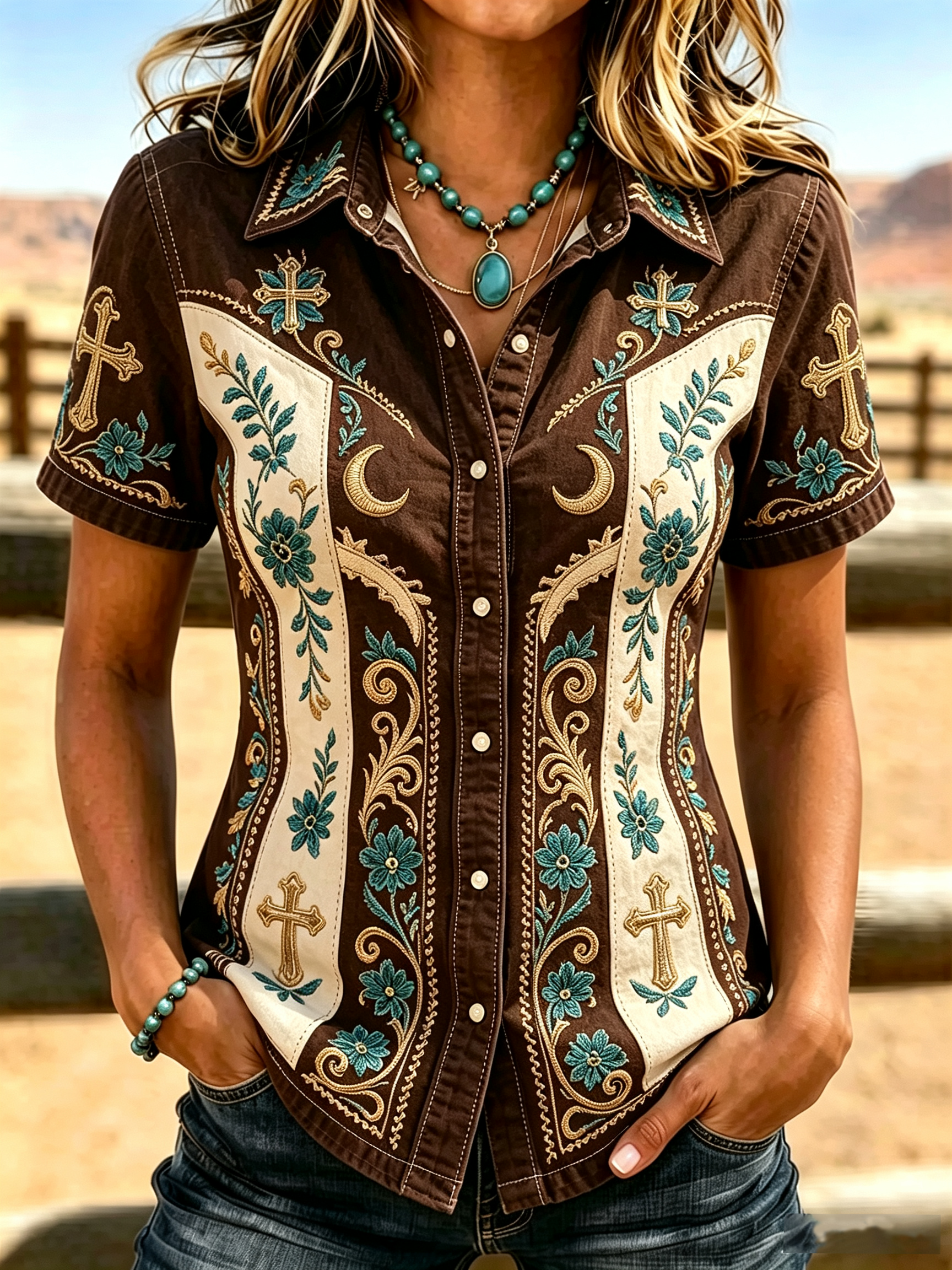 Western Style Floral Belief Embroidered Printed Short Sleeved Shirt