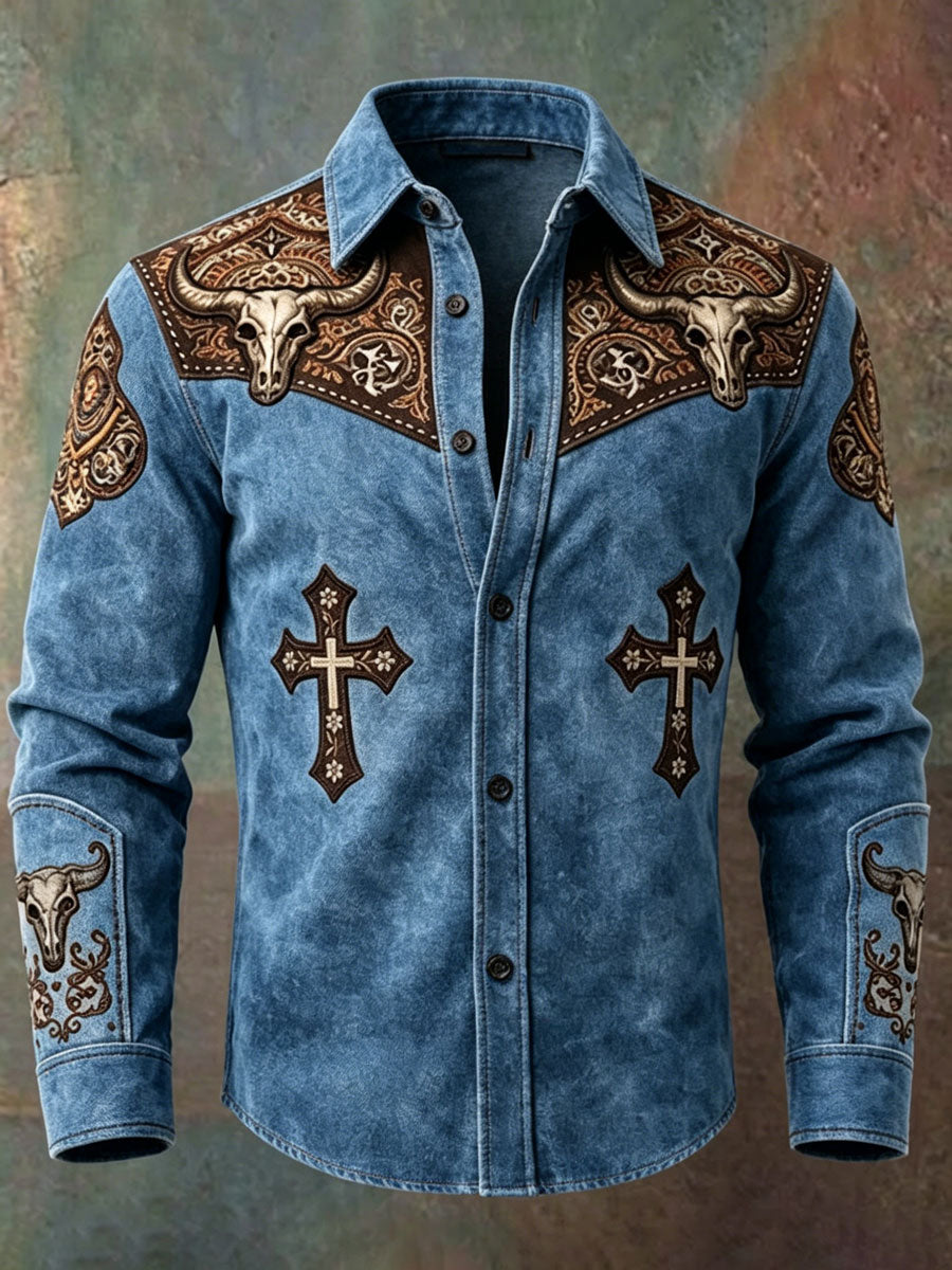 Men'S Western Style Ethnic Print Cross Pattern Long Sleeved Shirt